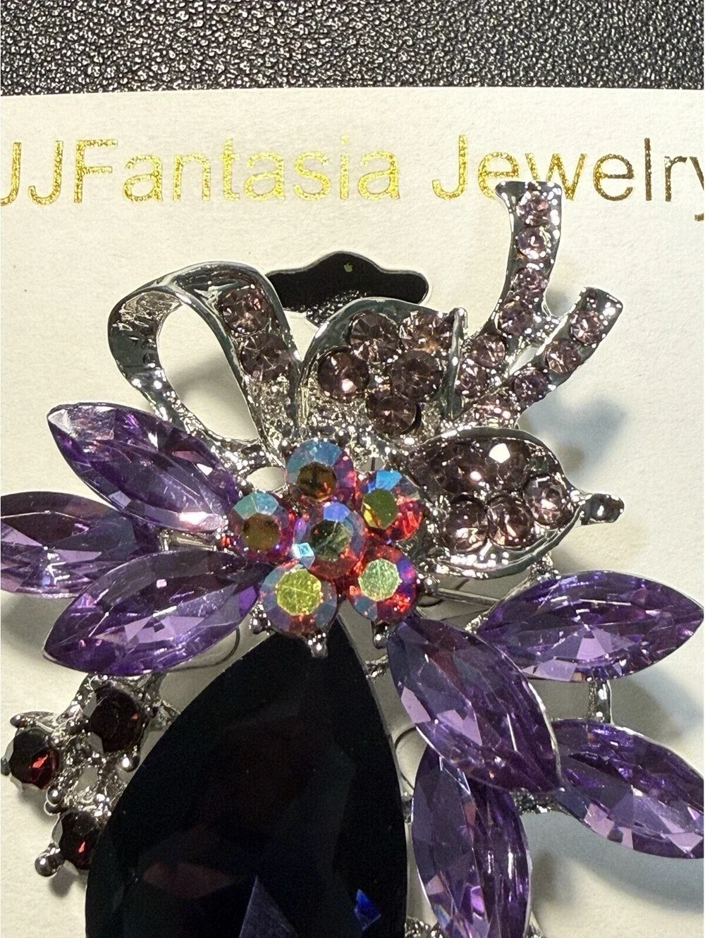 NEW JJ Fantasia 2000s Floral Brooch Crystal Rhinestone Purple AB, 2x2.5”
